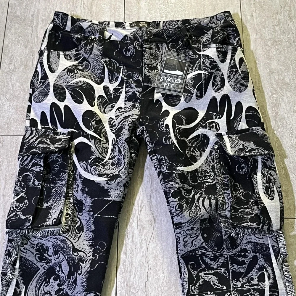 Rebel Vengeance Pants Mens 34x34 Black Flame Tapestry Cargo Gothic Stacked Fit
